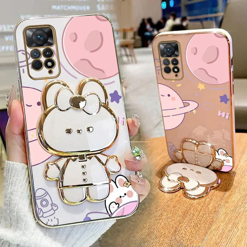 Planet Mirror Rabbit Phone Holder Case For Xiaomi Redmi Note 11 8 12 10 9 Pro Max 10 10s 11s redmi 9A 9T 9C 10 Nfc 4G 5G Cover