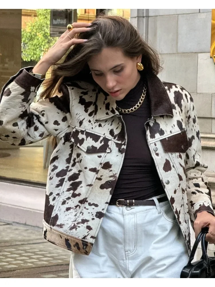 

Women's Cow Print Jacket For Women Demi-season Long Sleeve Coat Lapel Jackets Single-breasted Outerwears 2025 Winter Autumn New