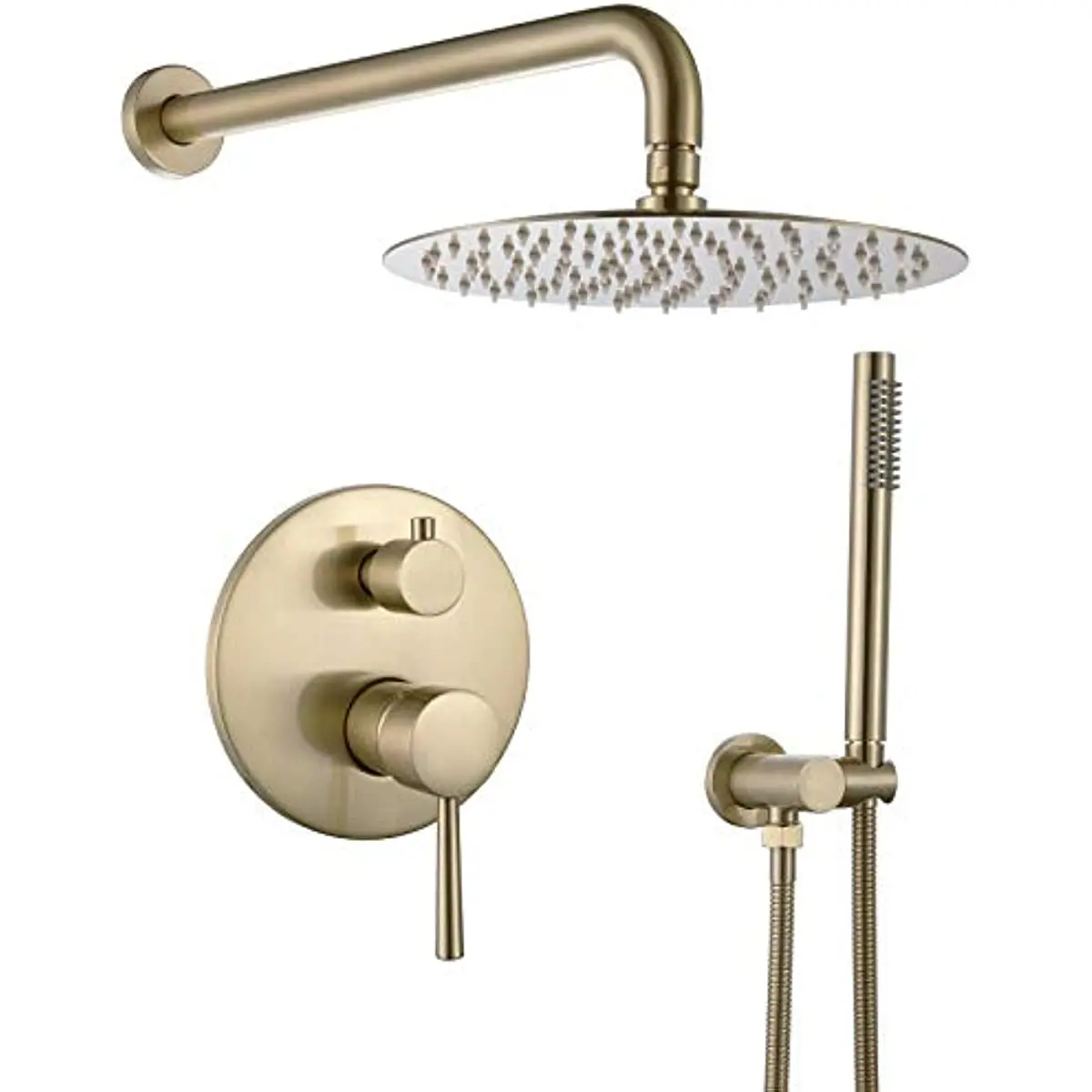 Concealed Wall Mounted Round Rain Shower Mixer Set 10 Inch Rain Shower Head with Handheld Spray Brushed Gold Shower Faucet Set