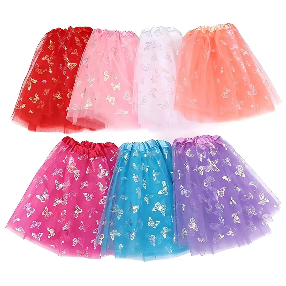 Butterfly Print Tulle Skirt Polyester Fiber Three-Layered Dance Costume A-Line Short Elastic Waist Tutu Skirt Princess Style