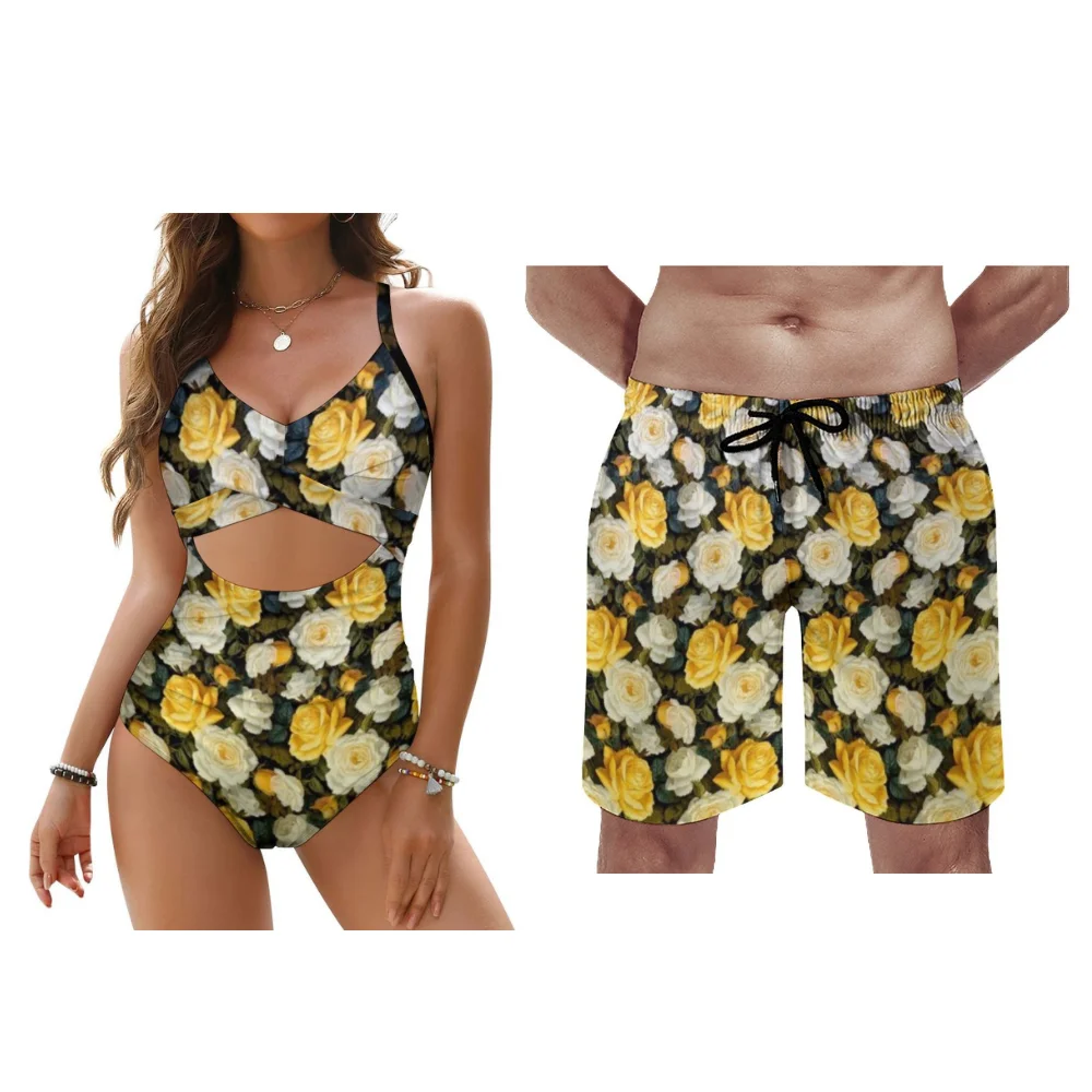 

Женские бикини с цветочным узором, мужские пляжные брюки, комплект летнего стиля, доступны персонализированные узоры по индивидуальному заказу