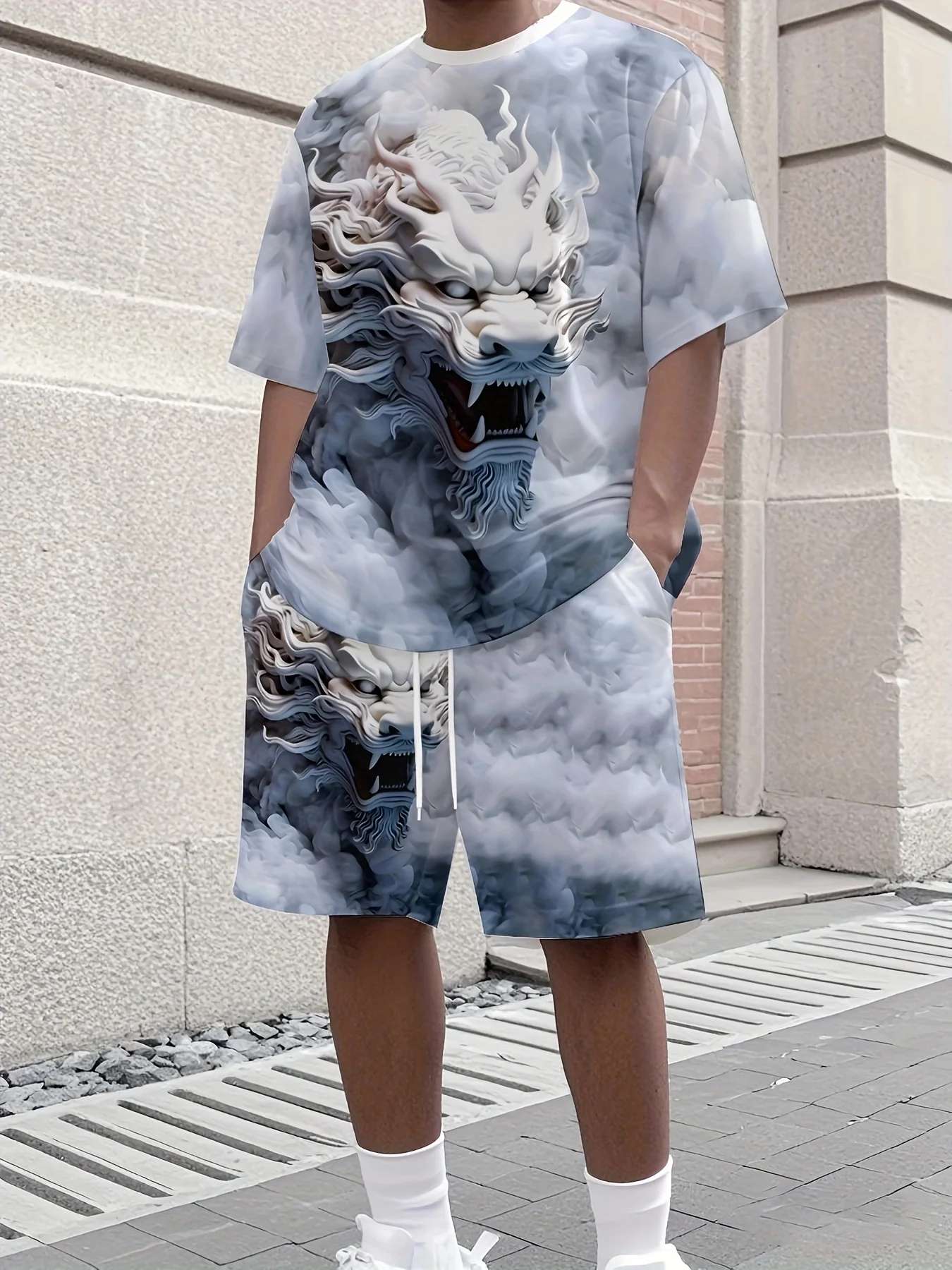 2026 New Men's Sports Set 3D Lion Print Short-Sleeve Shirt & Shorts Men's Outdoor Travel Casual Two-Piece Set Plus Size Clothing