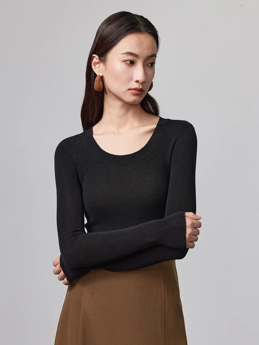BirdTree, 90%Sheep Wool 10% Silk Elegant Knitwear, Women Long Sleeve Seamless, Casual Commute Tops, Autumn Winter Tees T48034QC