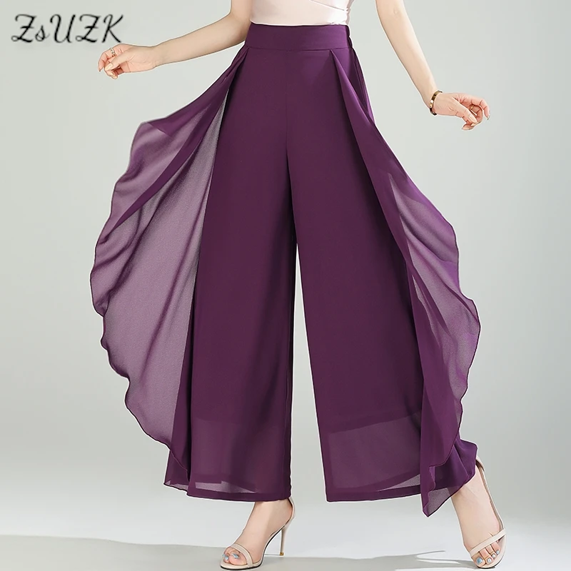 

ZUZK Summer Ruffles Chiffion Pants Elastic Waist White Pants Women Fashion Lady Dance Pants baggy pants Wide Leg Pants