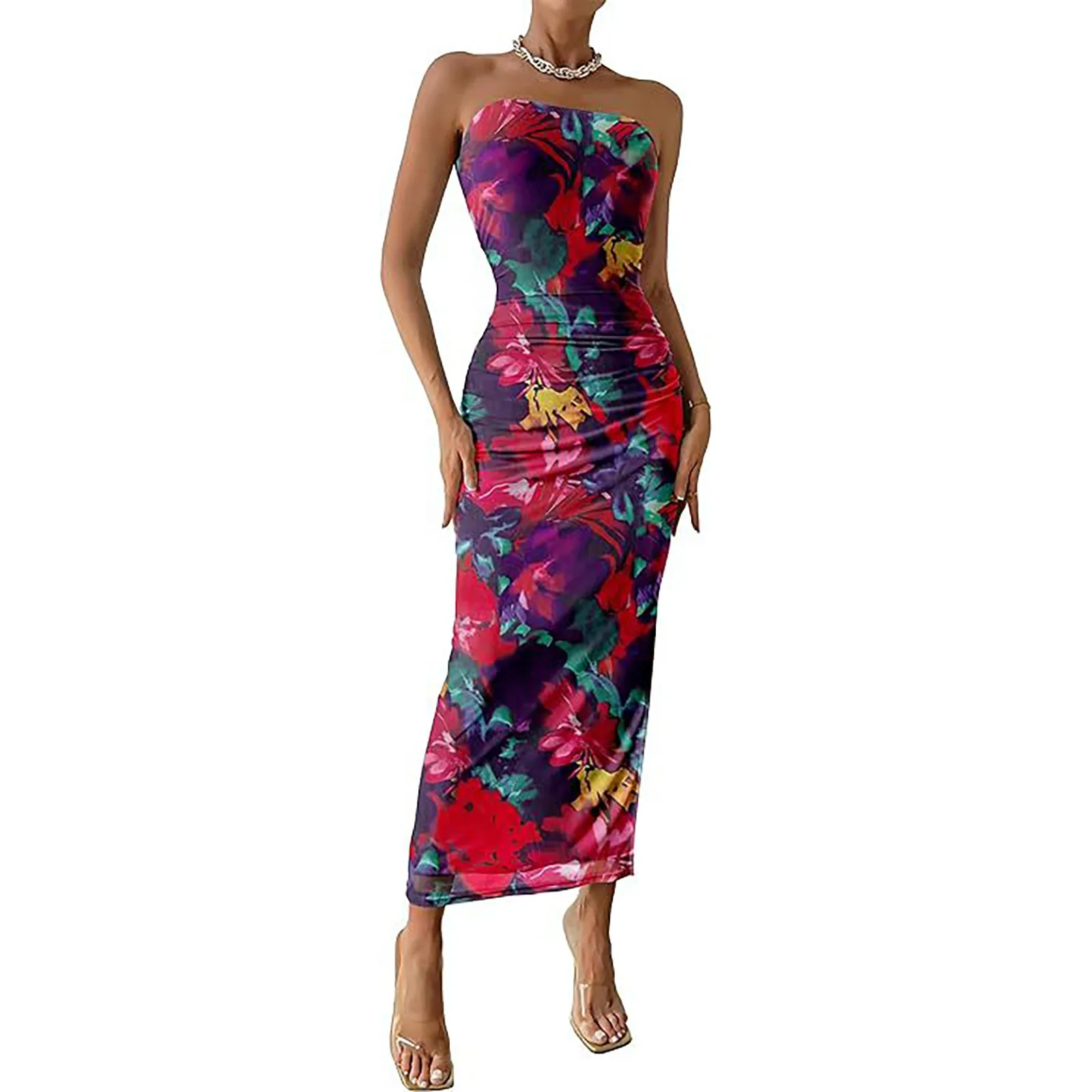 Zomer Sexy Mouwloze Strapless Midi Jurk Vrouwen Mode Print Bodycon Feestjurken Dames Strand Zonnejurk Dames Vestidos