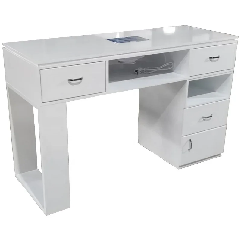 Beauty Nail Salon Furniture Modern Luxury White Wooden Manicure Nail Table With Dust Collector And Storage Drawer