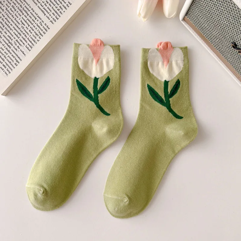 1 Pair Women Socks Japanese Korean Style Cartoon Flower Candy Color Harajuku Kawaii Mid Tube Socks Breathable Casual Short Socks image 6