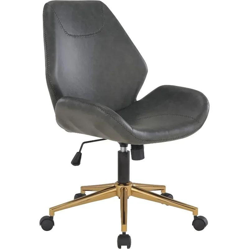 Furnishings Reseda Scoop Adjustable Office Chair with Gold Finish 5-Star Base, Black Faux Leather