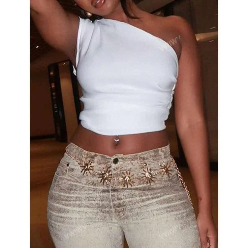 المرأة Street Sle White oulder-baring ort Fit irt M 57437 Faionable رداء علوي كاجوال مادة البوليستر سبعة أرباع Sl... #4