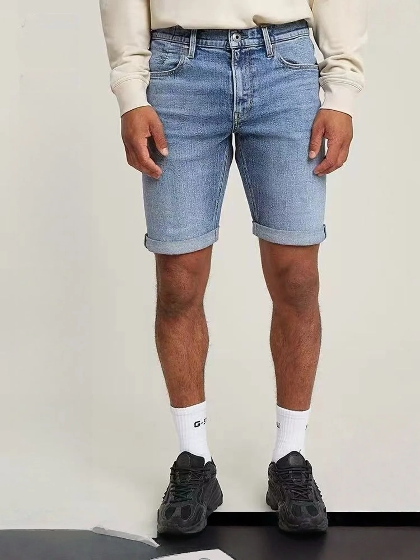 

Men Premium Stretch Blue Denim Shorts Skinny Slim Fit Jeans Pants No accessories or belts included