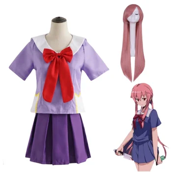 Gasai Yuno Cosplay Anime Future Diary Gasai Yuno Mirai Nikki Costume Cosplay Uniforme scolastica Arco Gonna corta Parrucca Abiti di Halloween