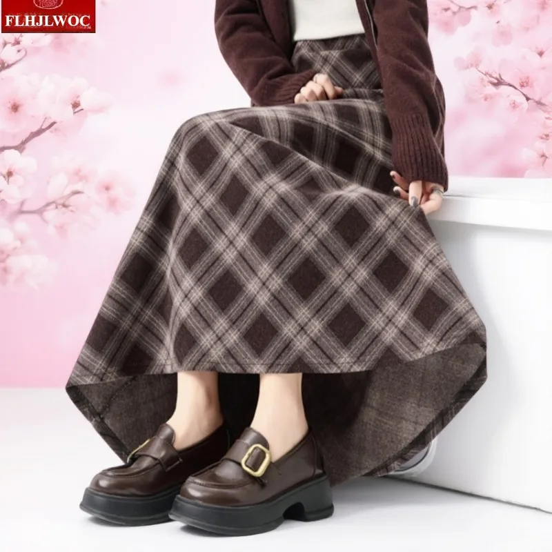 

Thick Woolen Skirts High Waist Hot Autumn Winter Basics Woman Cute Sweet Girls Japan Preppy Style Retro Vintage Long Plaid Skirt