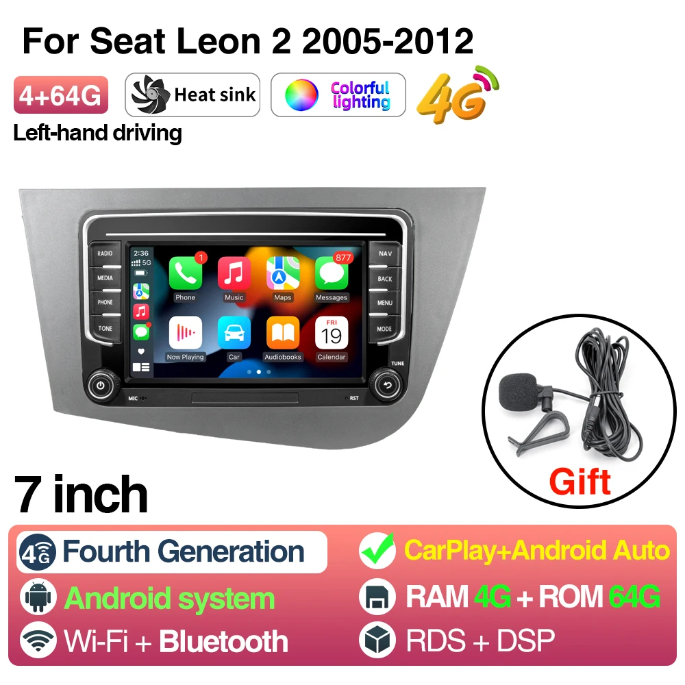 2Din Android 13 LHD Autoradio voor Seat Leon 2 MK2 2005-2012 Multimedia Speler Stereo draadloze Carplay GPS RDS 4G Head Unit - afbeelding 1