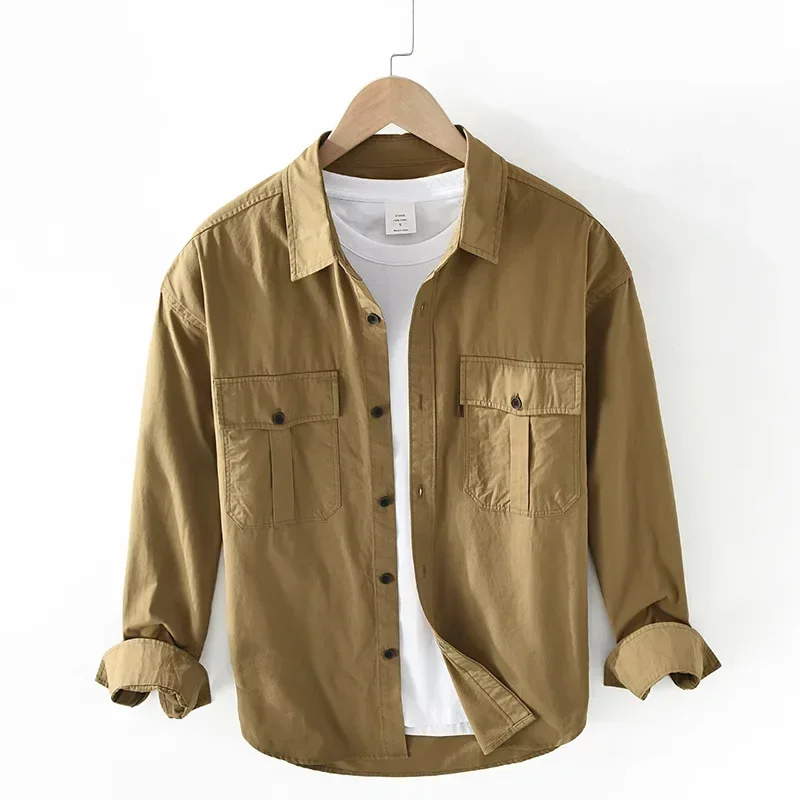 

Japanese Style Cargo Shirt Men Spring Fall Casual Shirts Double Pockets Pure Cotton Long Sleeve Mens Shirts Loose Workwear Tops