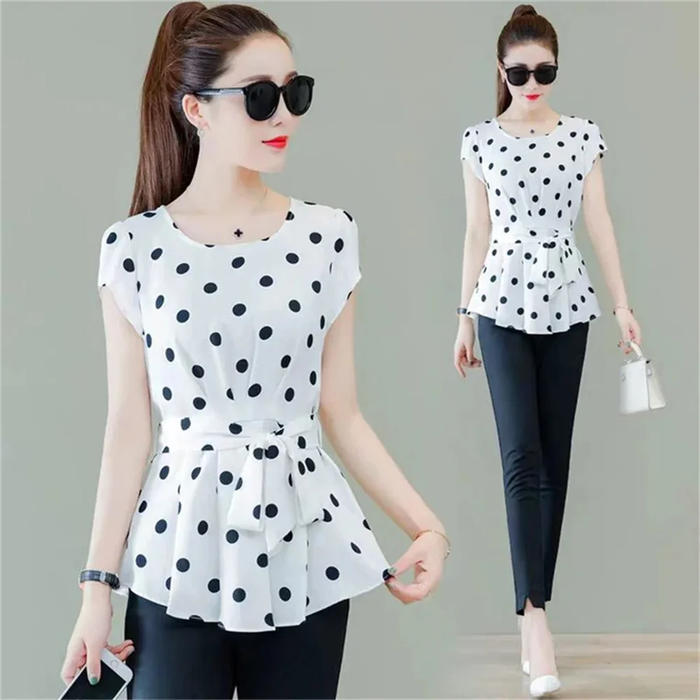 Women Spring Summer Style Blouses Shirt Lady Casual Short Sleeve O-Neck Solid Polka Dot Women\'s Casual Tops