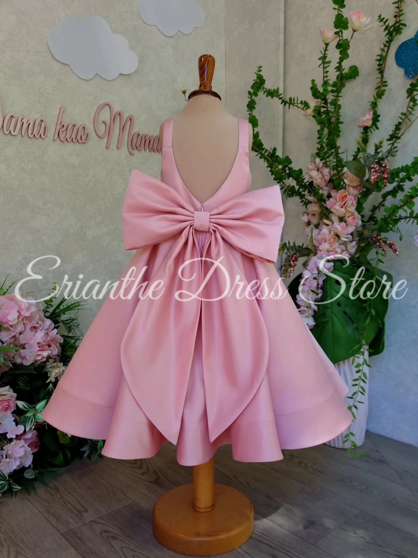 Pink Flower Girl Dress for Wedding Sleeveless Satin With Bow Customized Kids Birthday Party First Communion Ball Gown