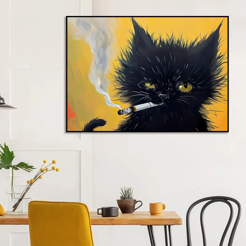 Funny Black Cat Smoking a Cigarette Cute Animal Cartoon Poster Canvas Painting Wall Art Pictures Boy‘s Room Home Decor Gift