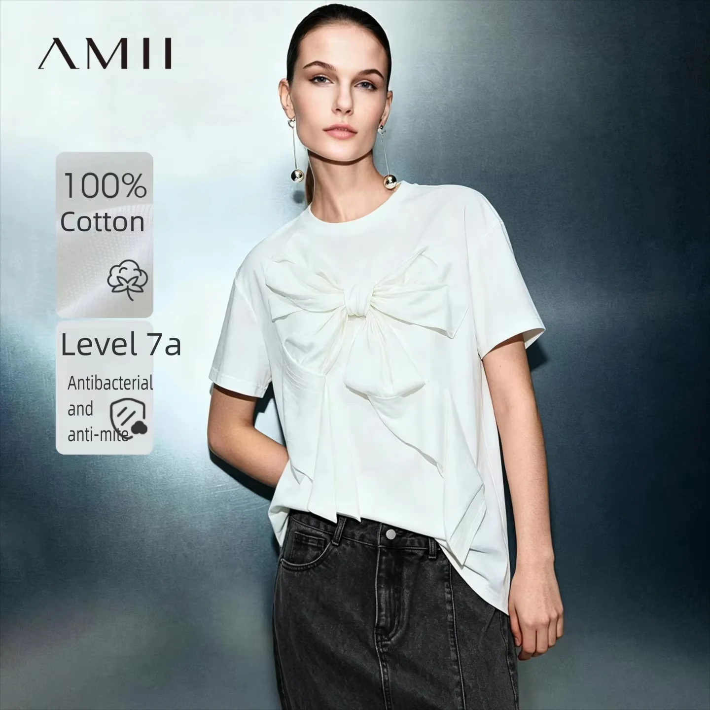 Amii Damen Rundhals-T-Shirt aus Reiner Baumwolle, Lässiges Kurzarm-Shirt mit Lockerer Passform, 3D-Schleifenapplikation, Sommer-Neuheit 2026, 12642127
