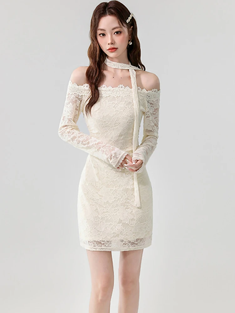 여성 한국 패션 우아한 캐주얼 드레스 가을 화이트 레이스 자카드 가슴 랩 섹시 드레스 2025 우아한 바디콘 숏 드레스