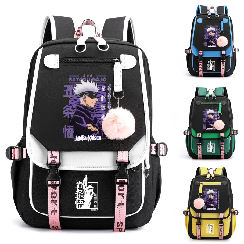 Mochila con patrón de Anime Satoru Gojo Harajuku para adolescentes, mochila con cremallera para exteriores, mochila de gran capacidad con USB, moda Popular