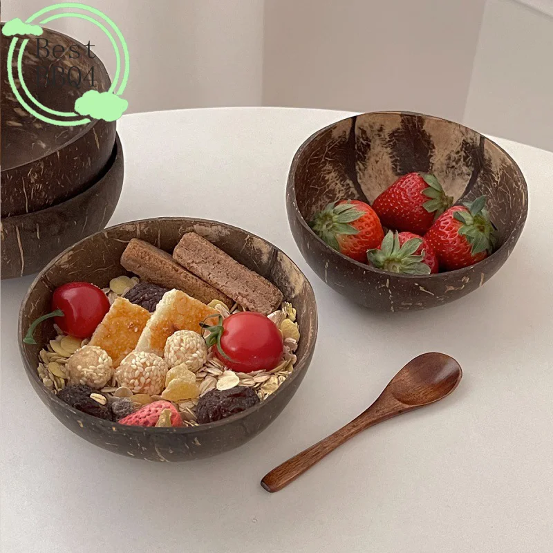 (BBQ4) Tazón de Coco Natural, Tazones de Coco Hechos a Mano para Comer, Cubiertos de Madera para Postre, Fruta, Ensalada, Arroz