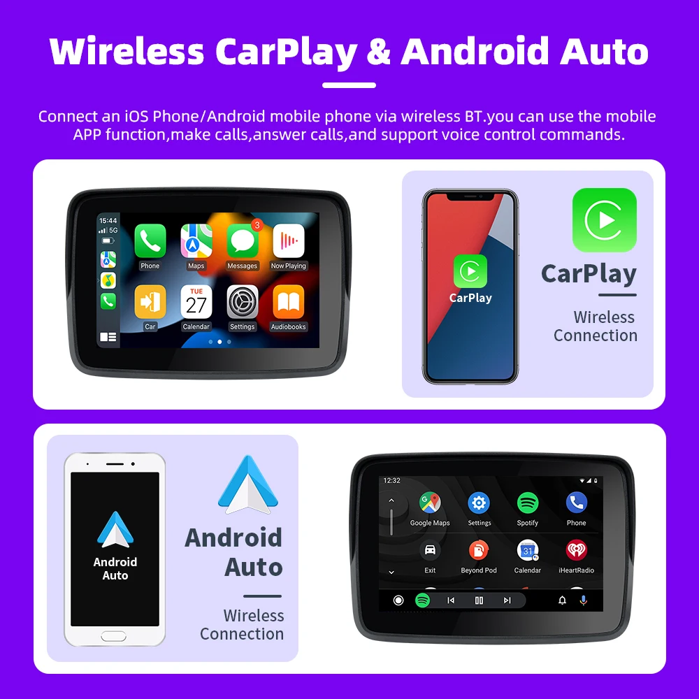 EKIY Schermo di visualizzazione CarPlay per navigazione moto da 5,0 pollici Monitor automatico Android wireless per moto portatile