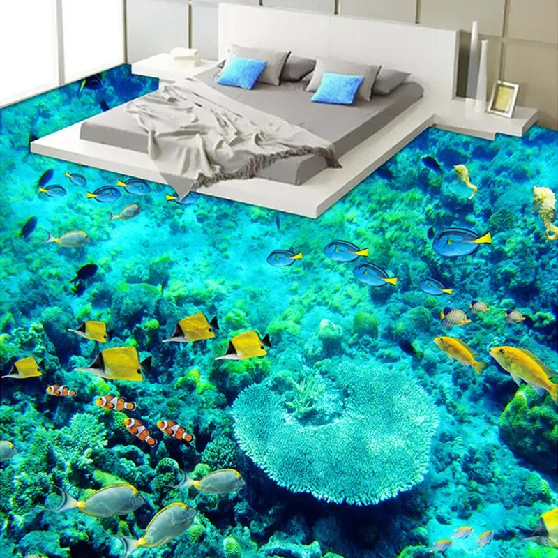 Custom 3D Floor Sticker Mural Paintings PVC Self-adhesive Wallpaper Waterproof Living Room Bathroom Floor Mural Ocean Wallpaper