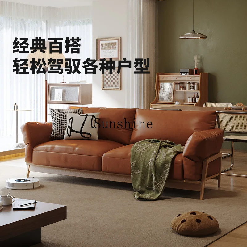 Solid wood straight row simple small apartment living room first layer leather retro sofa