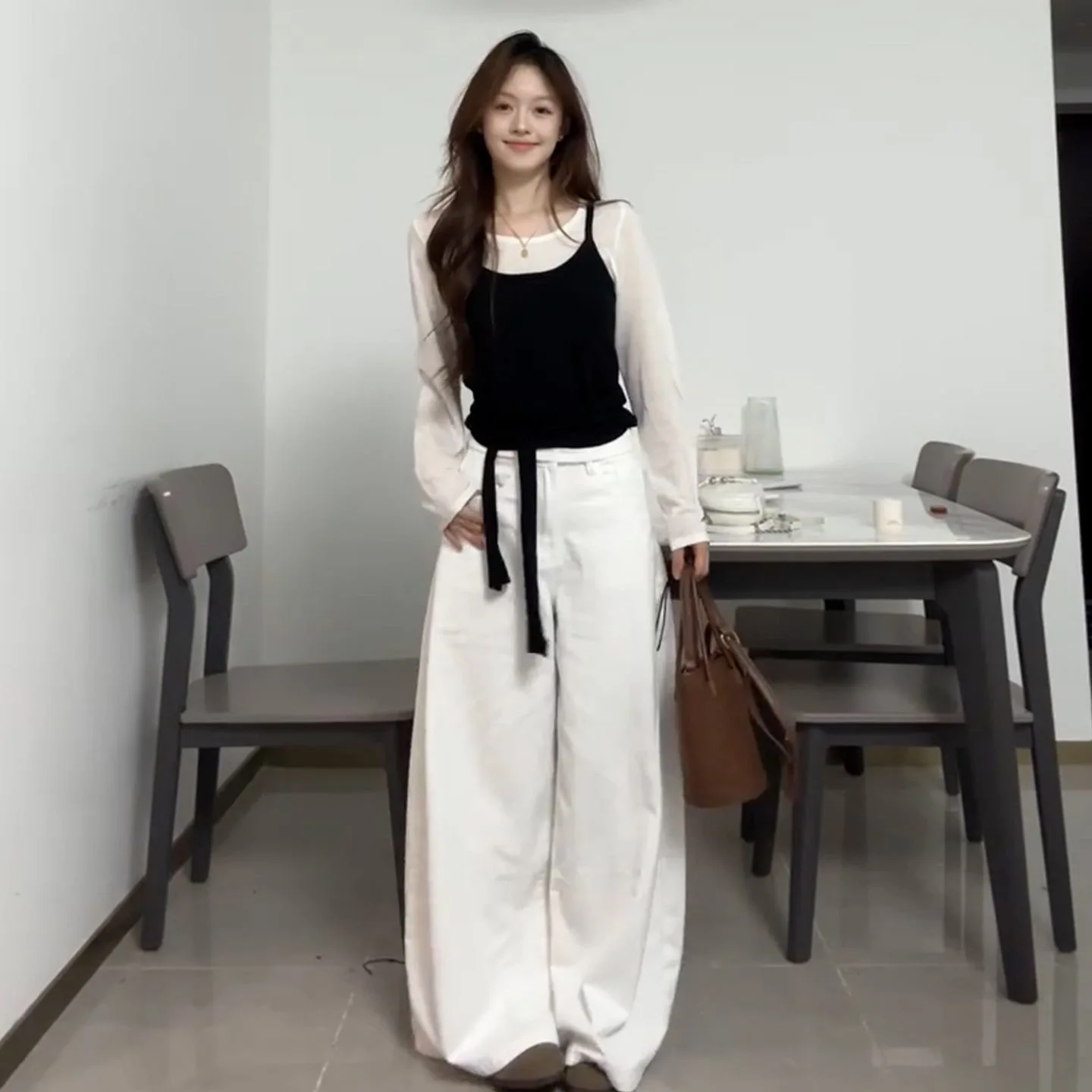 Korean Sle Ins Long Sve Fake Two-Piece Women's Top Slim Fit Early Autumn New Design Gentle Personali High Waist Straig...