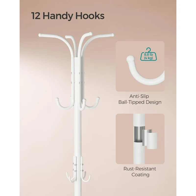 Coat Rack Freestanding, Coat Rack with Umbrella Holder, Metal Coat Rack Stand with 12 Hooks,