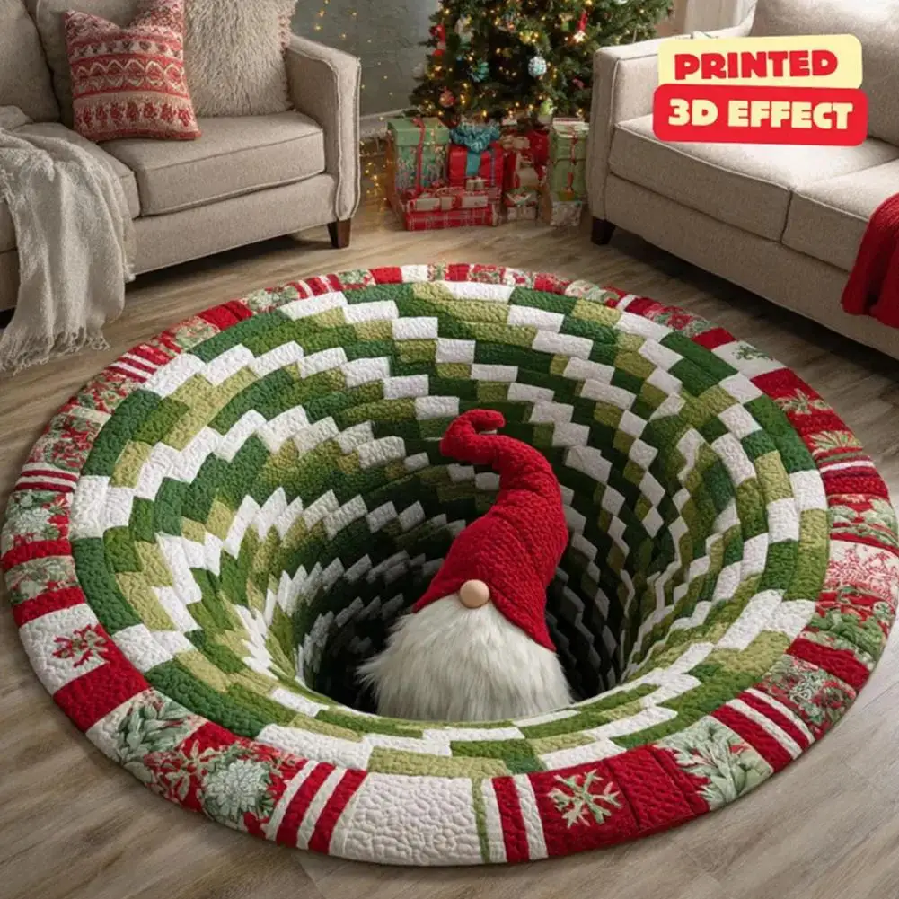 3D Santa Claus Christmas Floor Mat Round Optical Illusion Rug Soft Velvet Non Slip Carpet Holiday Gift for Bedroom Living Room