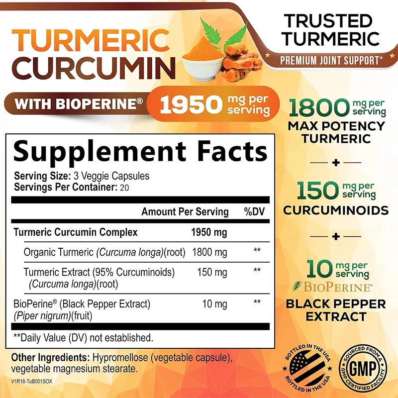 Turmeric Supplement, 95% Curcumin, Containing Black Pepper Extract, Optimal Absorption, Natural Joint Support, 60 Capsules