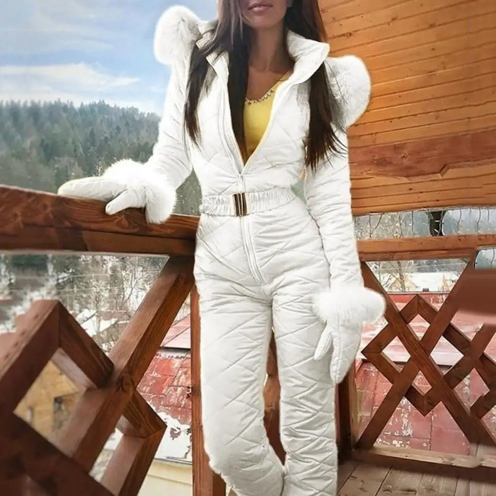 Women Skiing Suites Winter Outdoor Zipper Faux Fur Collar Hooded Warm Fleece Skiing Jumpsuit Sports Ski Suit Tifht Waist Romper