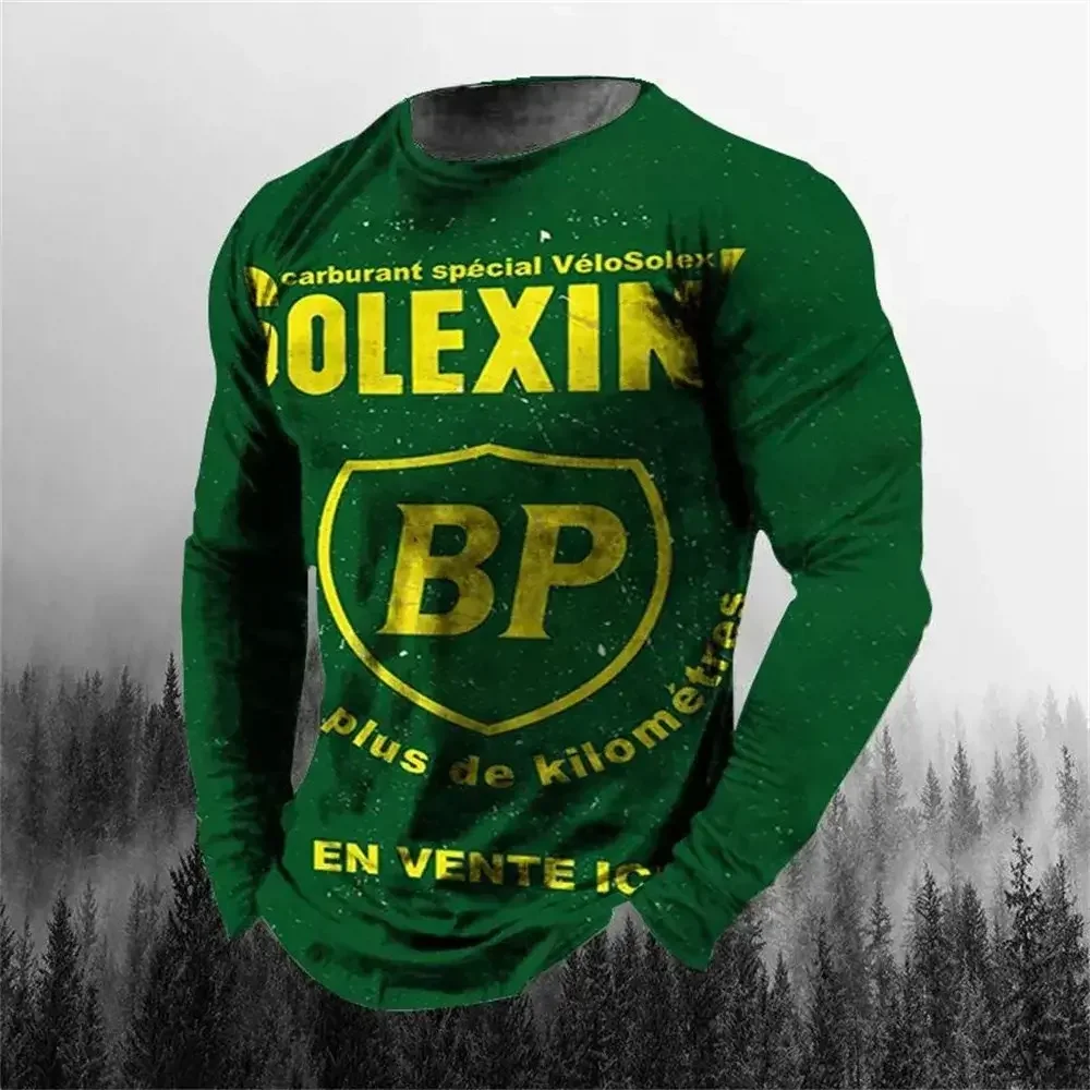 Vintage Men's T-shirt Long Sleeve Biker Tops Tees 3D STP Oil Print Motorcycle T shirt Oversized Loose Texaco Man Clothing 2024