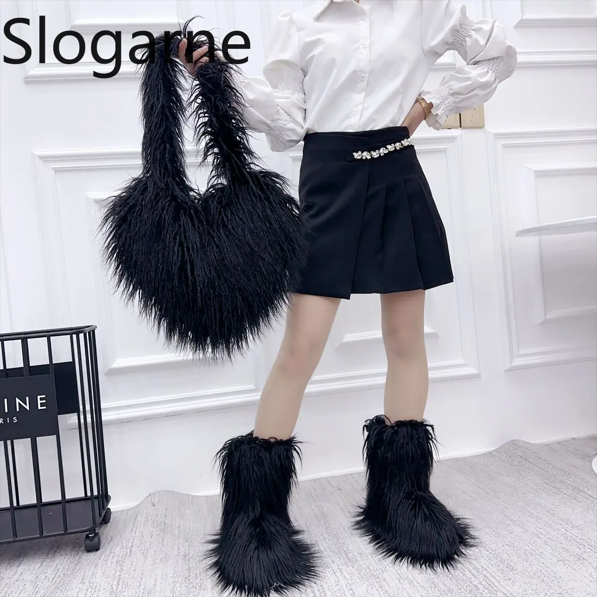 Elegant Mongolia Fur Underarm Bag Women Luxury Faux Fur Handbag Ladies Fluffy Shoulder Bag New Furry Heart Tote Messenger Bags