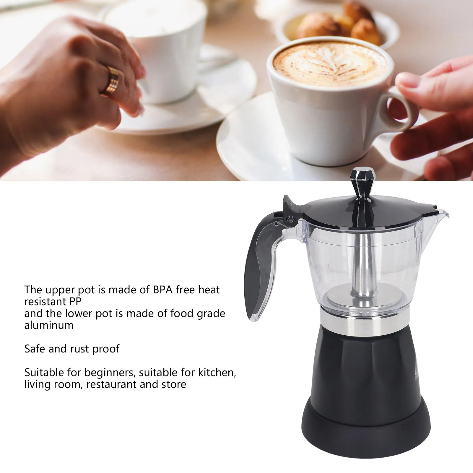Portable 6 Cup Electric Coffee Maker Transparent Top Italian Coffee Pot Machine 300ML for Home