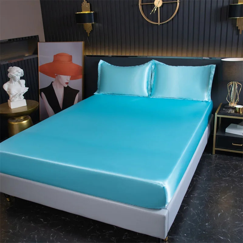 

Luxury Satin Fitted Sheet Solid Color Mattress Cover With Elastic Band Bedsheet High-End Fit Sheet