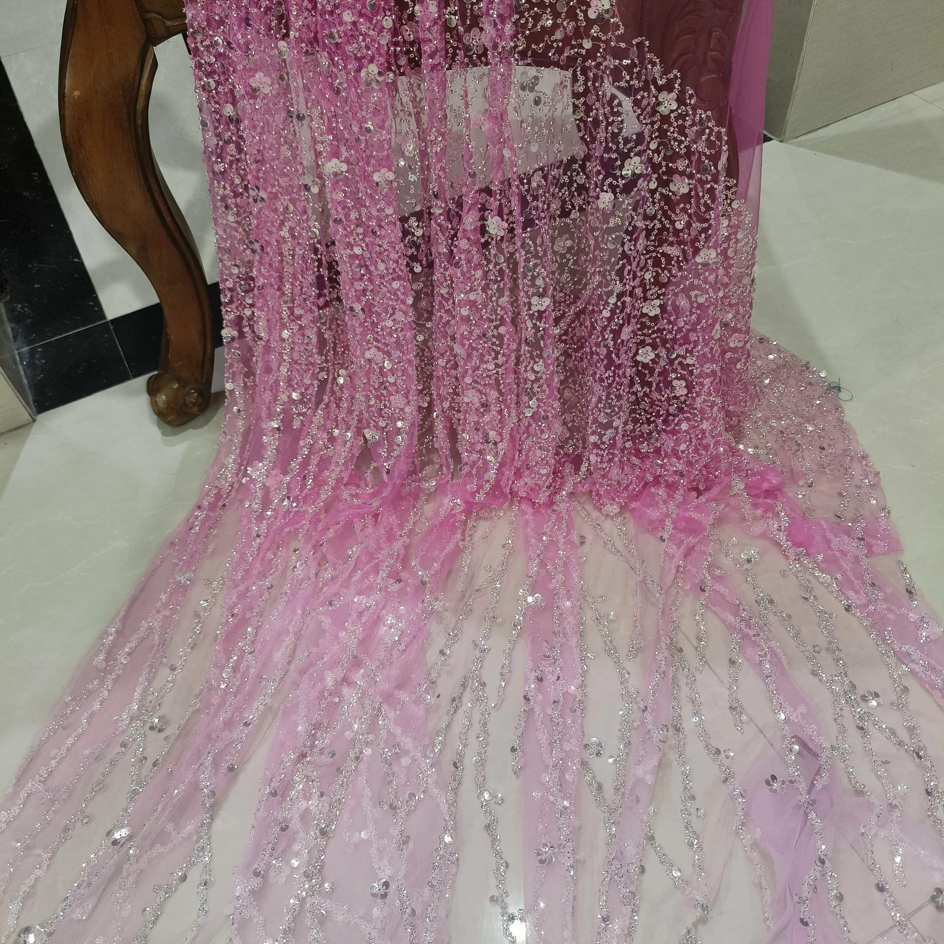 Gradient Color Bead Sequin Fabric for Wedding Dress Drama Costume Hanfu Dance Costume Stage Pink Beading Lace Fabric