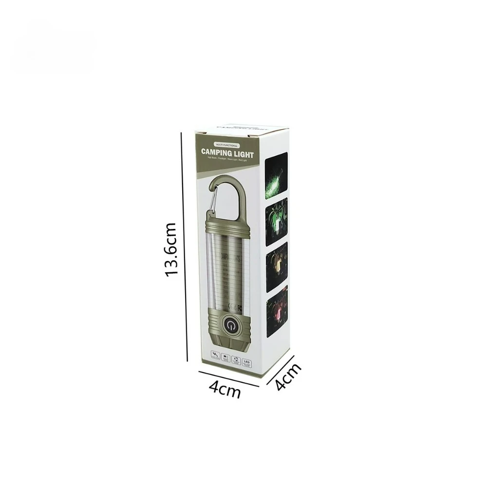 Multifunctional Camping Lantern Flashlight Type-C Rechargeable Red/White/Warm Light Ambient & Warning Lamp with Hanging Hook