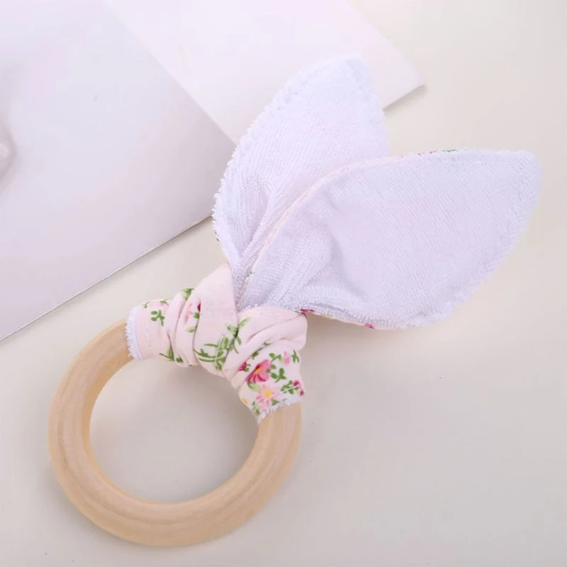 1pc Plush Rabbit Ears Baby Teether BPA Free Wooden Ring Newborn Rodent Molar Teeting Toy Baby Handhold Play Gym Sensory Rattle