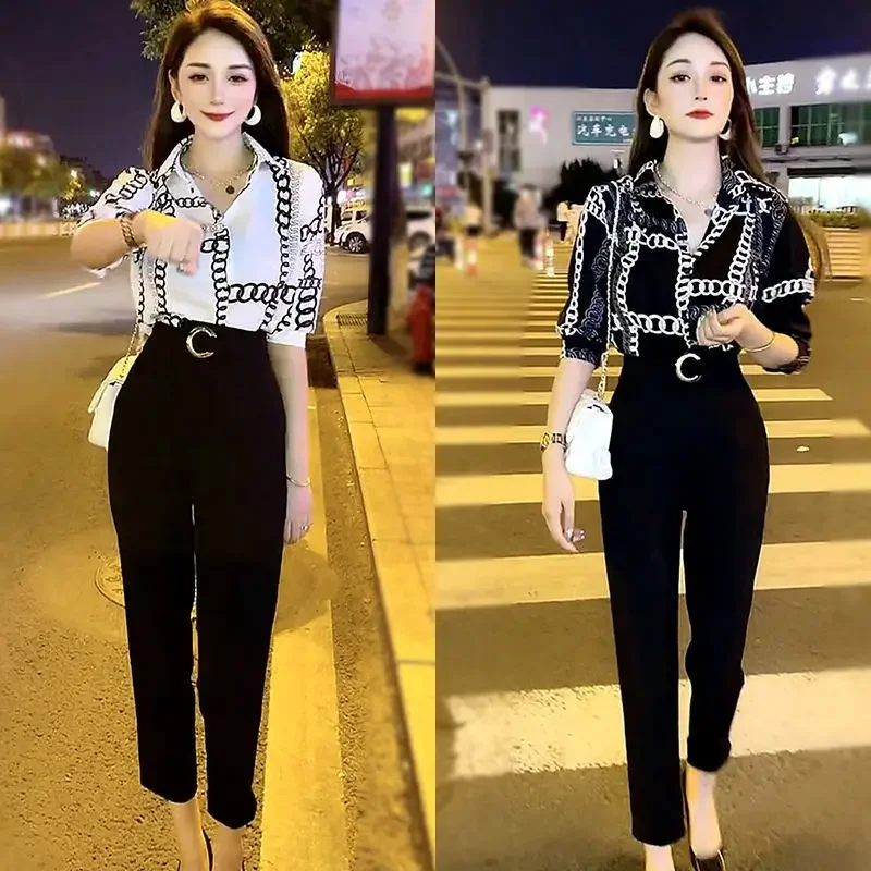 Black Chiffon Women\'s Shirts and Blouses Printed Top for Woman Pattern White Clothing Elegant Luxury Social New 2024 Modern Long