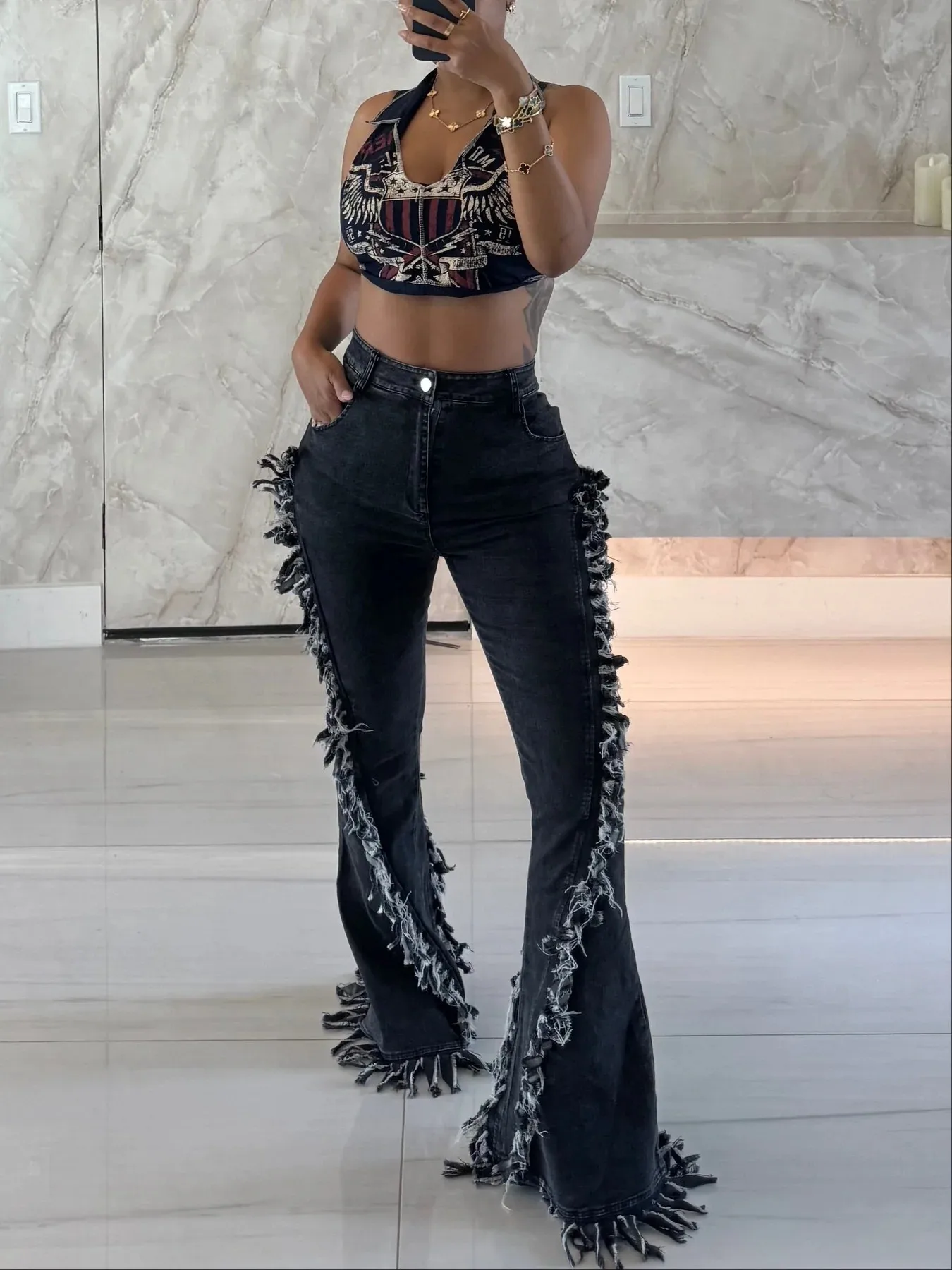 

Women's High Waist Slim Fit Bell Bottom Jeans Retro Frayed Trendy Design Cool Long Pants Spring Fashion Ladies' Jeans