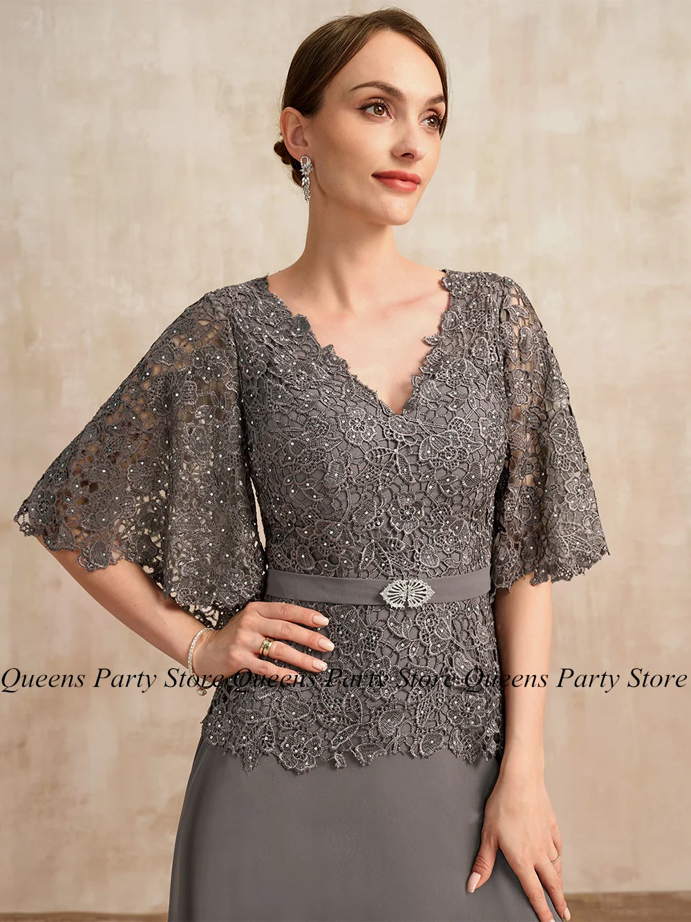 Mother of The Bride Dress Batwing Sleeves V Neck Stones Lace Chiffon A Line Wedding Guest Gown Woman Evening Party Dresses