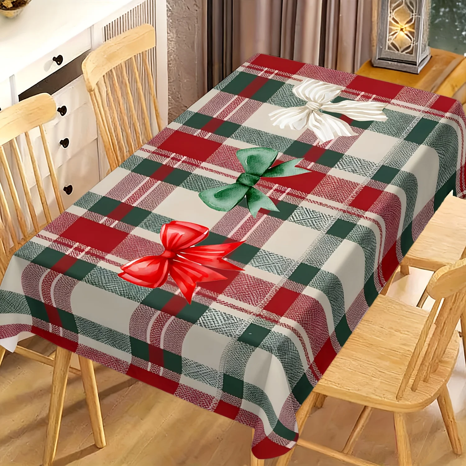 Red Green Plaid Bow Xmas Tablecloth, Soft Rectangular Washable Table Cover for Daily Dining & Family Holiday Gathering Decor