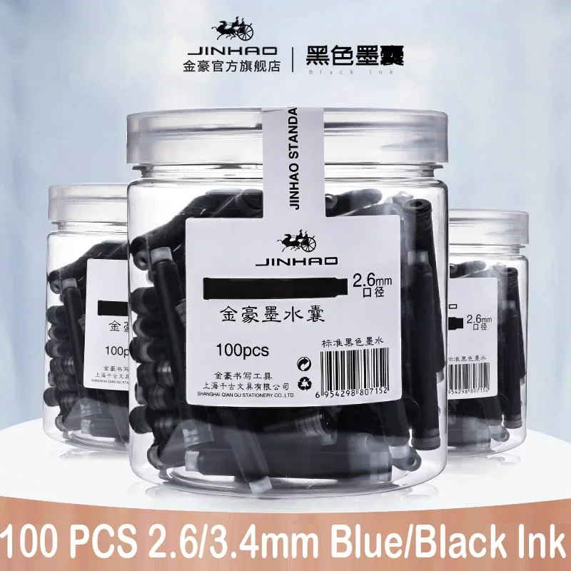 jinhao caneta tinta cartuchos universal sac recargas material escolar e de escritorio papelaria preto e azul 26 mm 34 mm 100 pcs 01