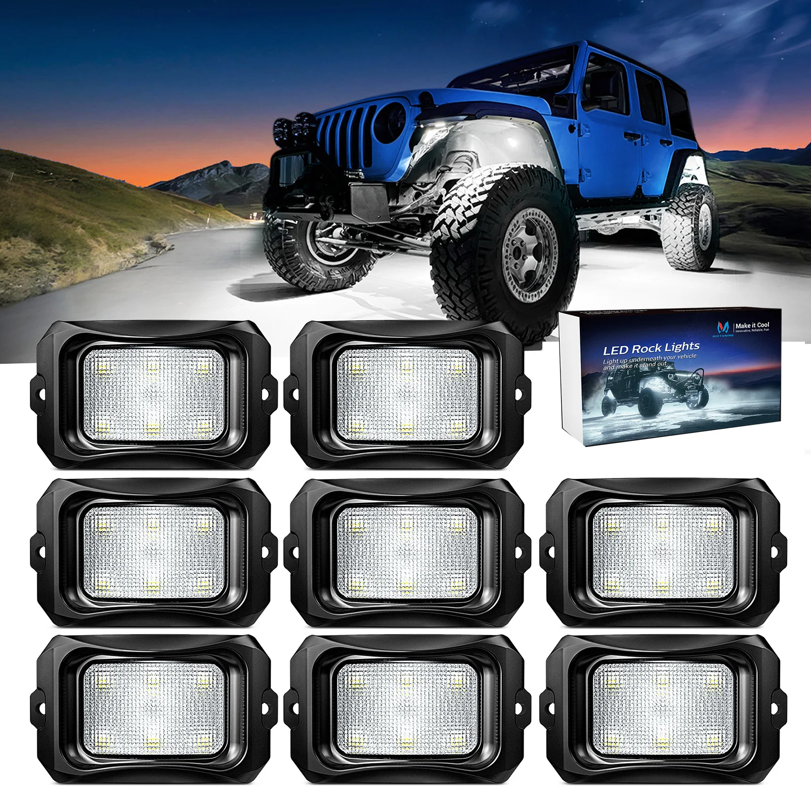 C2 Series Pure White Curved White LED Rock Lights,8 Pods Solid Color Underglow Lights Compatible for Car Truck Offroad ATV UTV