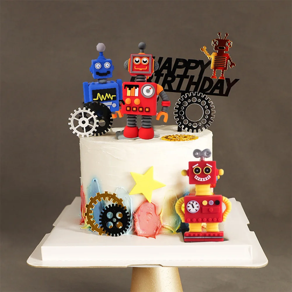 Roboter Gear Cake Topper Interaktive Roboter Dekor Alles Gute zum Geburtstag Jungen Party Cupcake DIY Roboter Thema Dekorationen Party Supplies – Detail 1