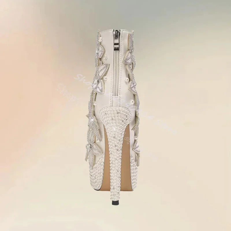 

White Crystal Flower Pearl Decor Platform Boots Back Zipper Women Shoes Thin High Heels Party Banquet 2025 Zapatos Para Mujere