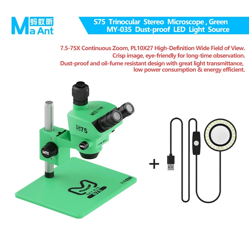 MaAnt Tianyan S75 Trinoculaire Microscoop 7,5X-75X Zoom Industrieel voor Mobiele Telefoon Moederbord PCB Elektronische Lassen Reparatiegereedschap
