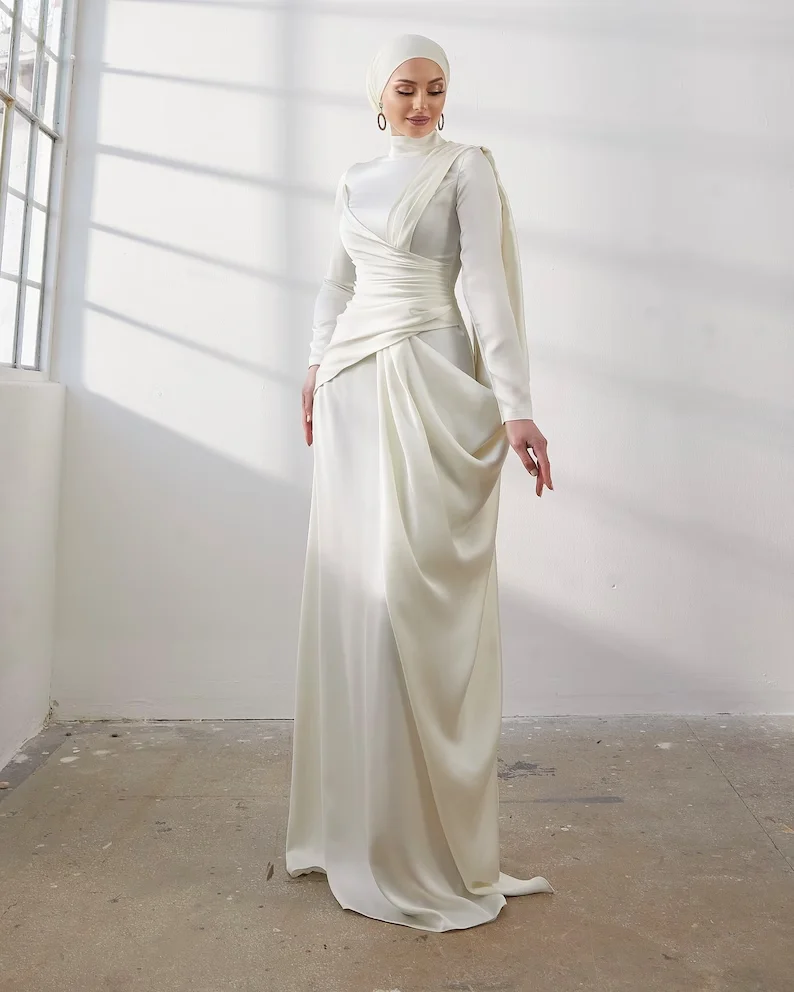

Muslim Weeding Dresses for Women Dress with Hijab High Nick Long Sleeve Pleat Mermaid Sweep Train for Bride Gown Customized